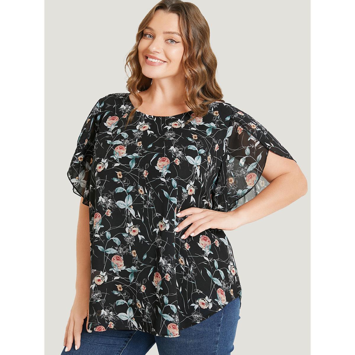 Plus Size Black Floral Split Sleeve Chiffon Blouse Women Elegant Short sleeve Round Neck Dailywear Blouses BloomChic 18-20/2X Product Image