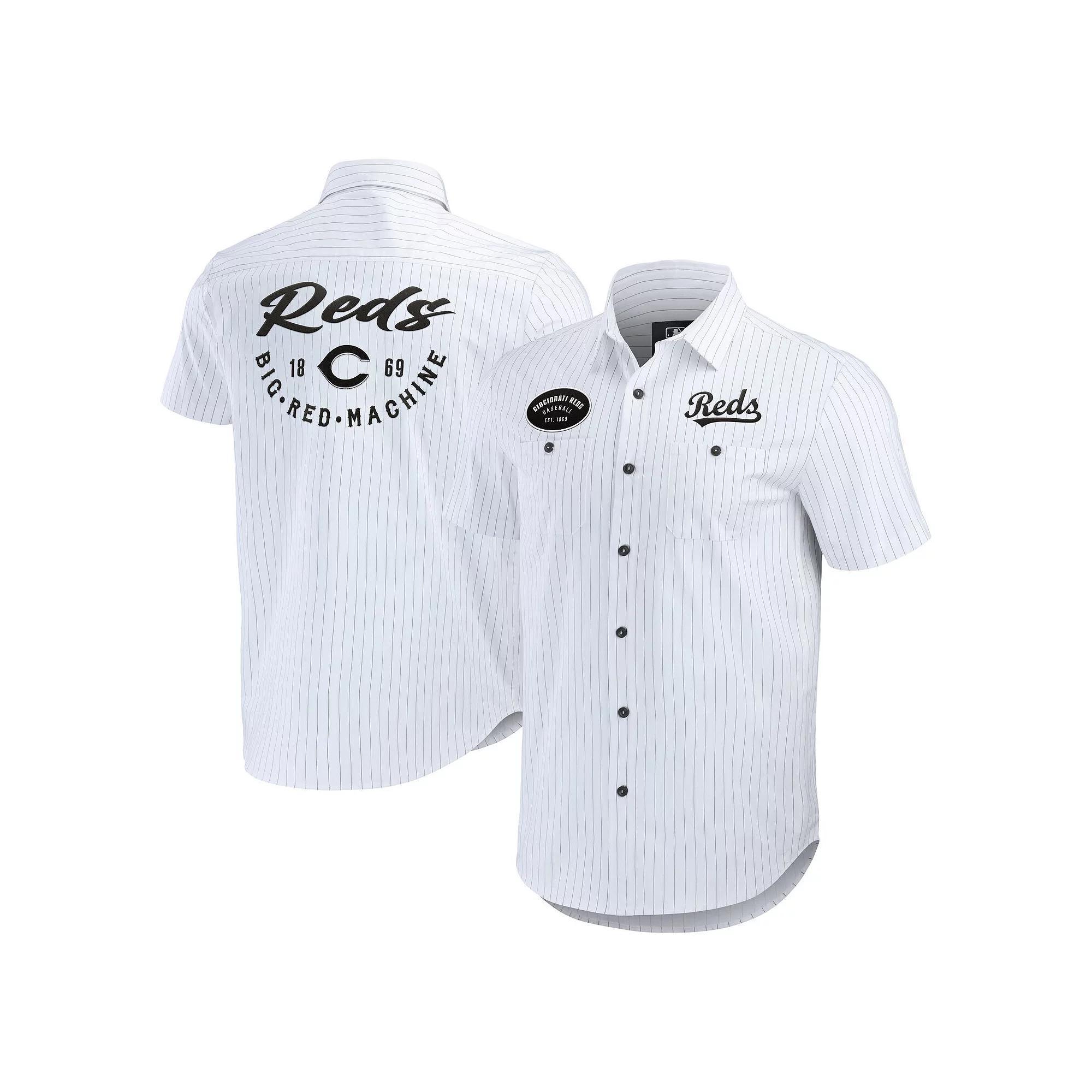Men's Darius Rucker Collection by Fanatics White Cincinnati Reds Pin Stripe Short Sleeve Button-Up Shirt, Size: Medium, Red White Product Image