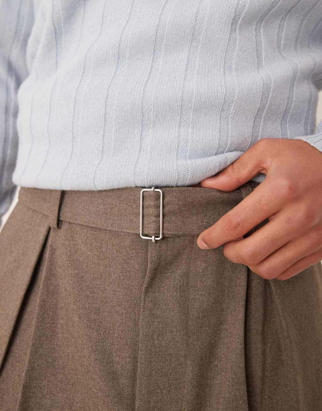 ASOS DESIGN smart wide leg belted pants with front pleats in brown Product Image