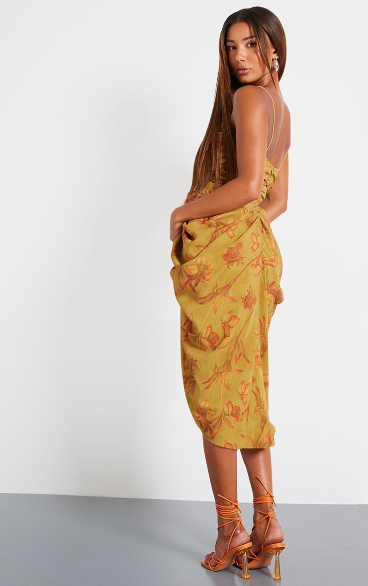 Green Abstract Print Chiffon Ruched Drape Midi Dress Product Image