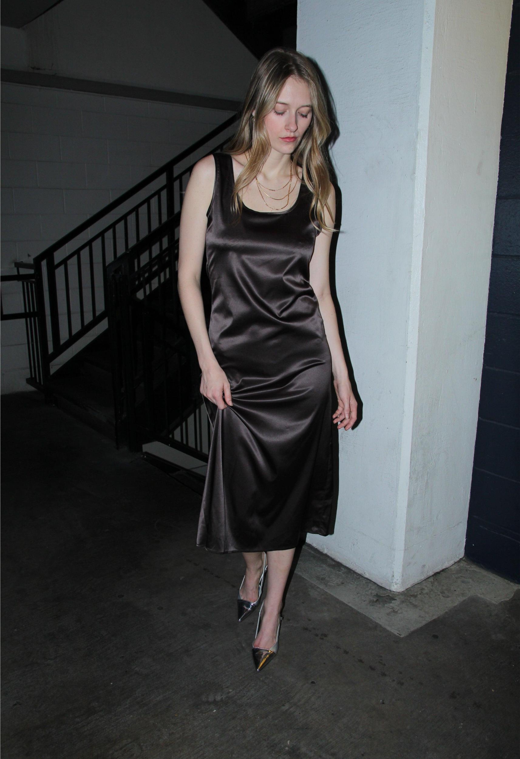 Brown Draped Satin Dress Product Image