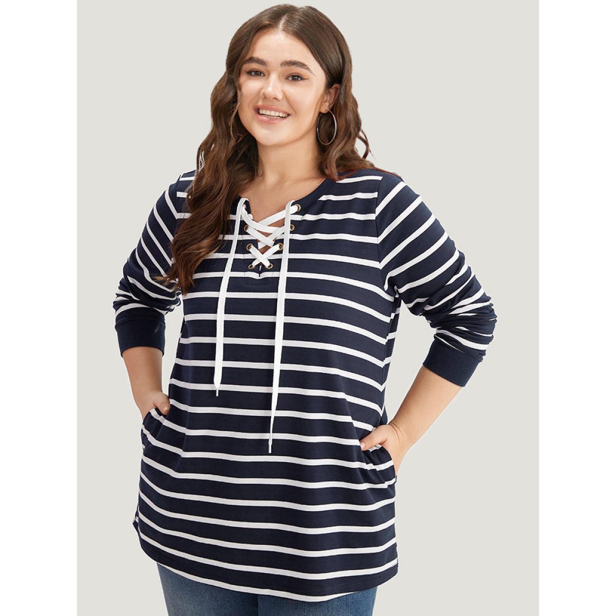 Plus Size Striped Patchwork Pocket Lace Up Sweatshirt Women Indigo Casual Elastic cuffs Notched collar Dailywear Sweatshirts BloomChic 30/6X Product Image