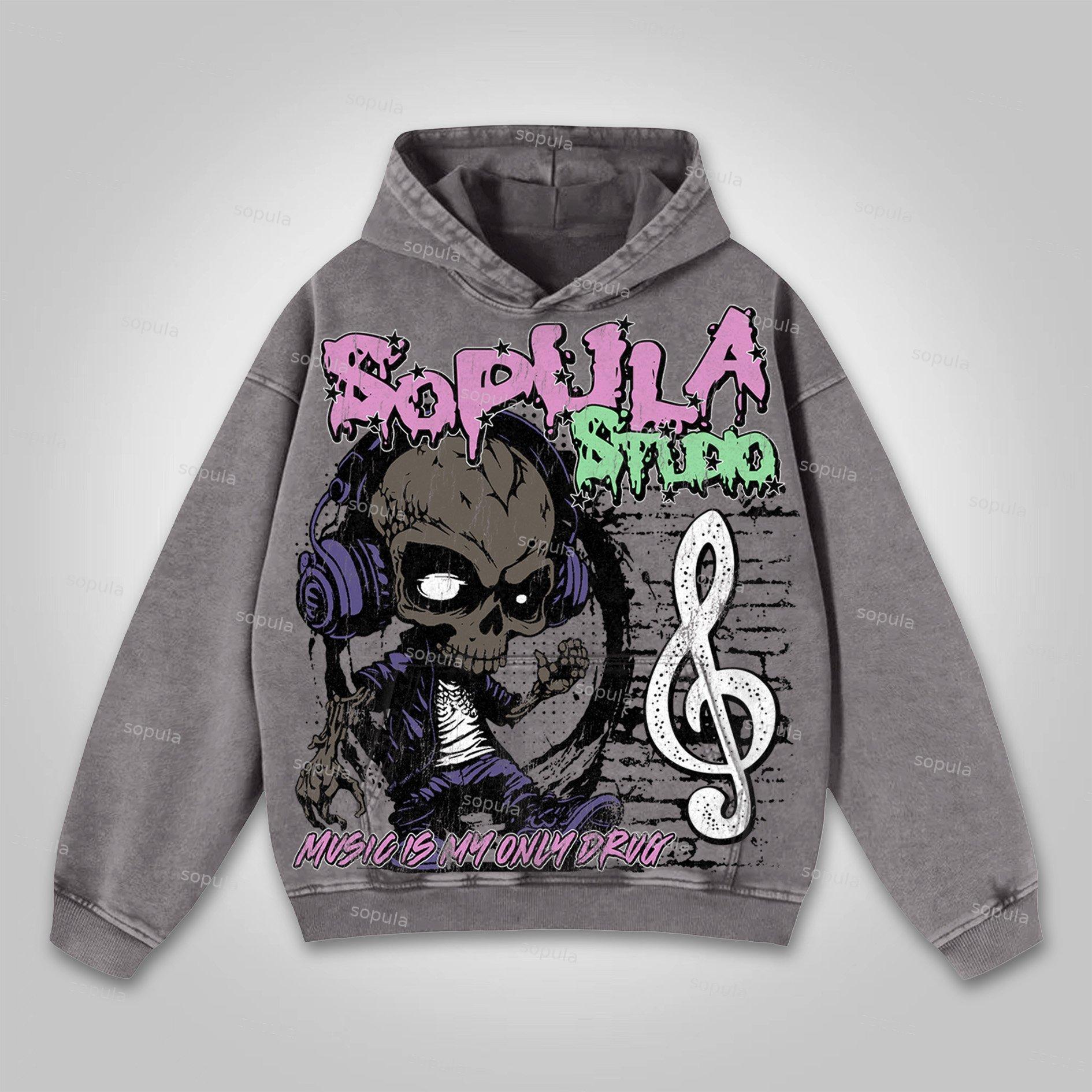 Sopula Music Is My Only Drug Graphic Vintage Washed Hoodie Product Image