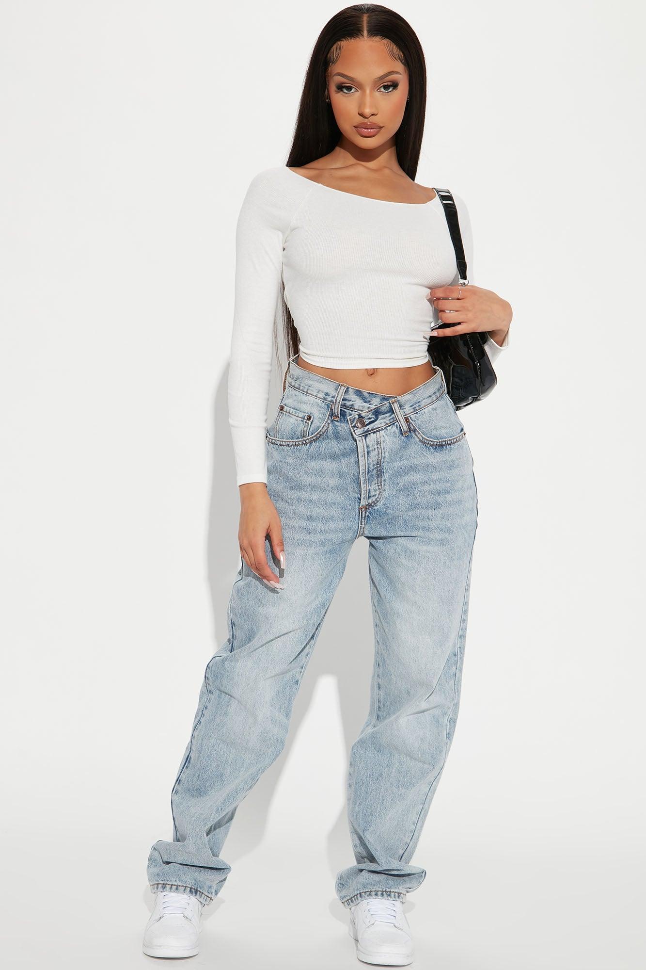 Step Waistband Crossover Jeans - Light Blue Wash Product Image