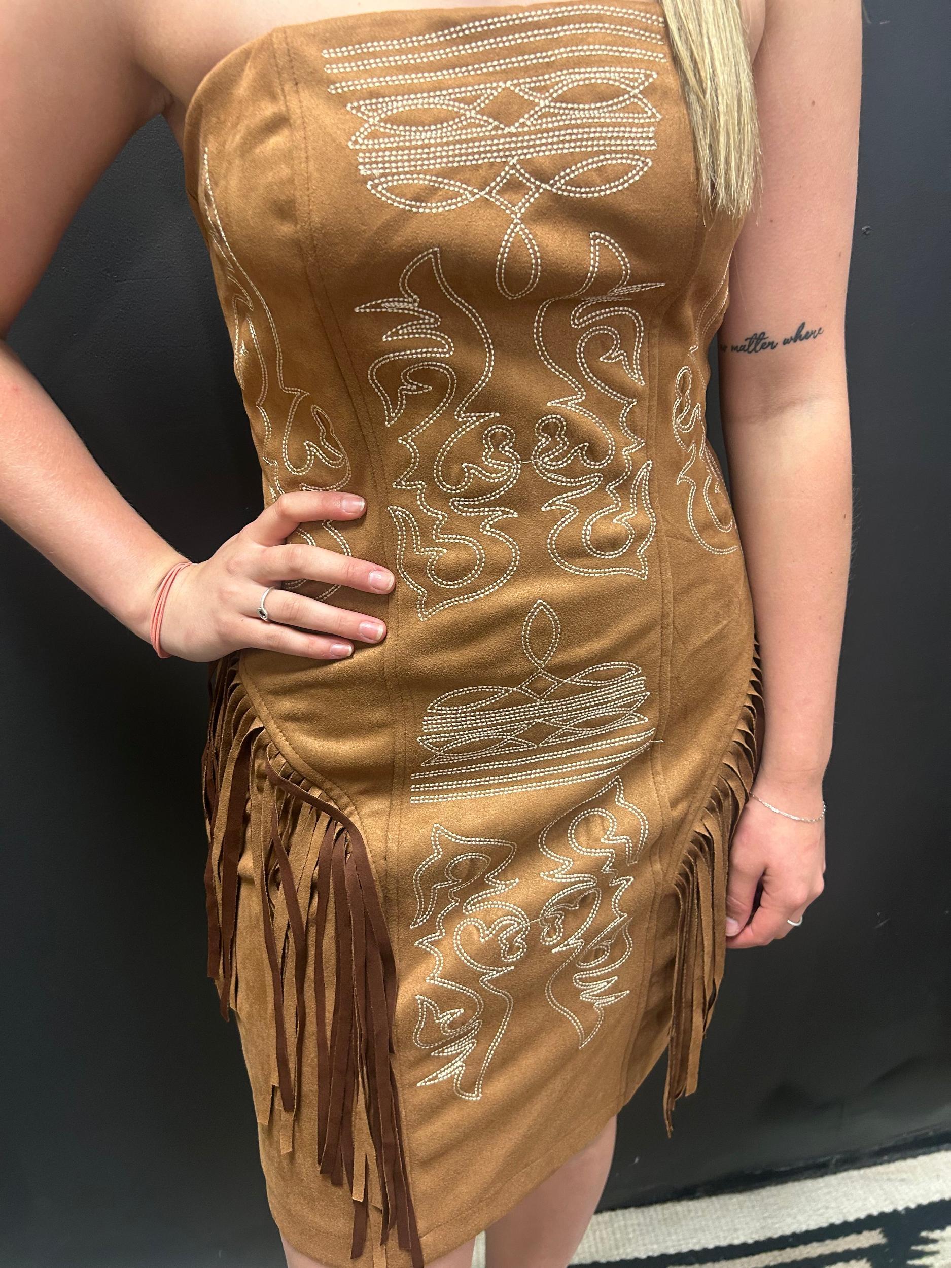 Camel Suede Boot Stitch Embroidered Fringe Dress Product Image