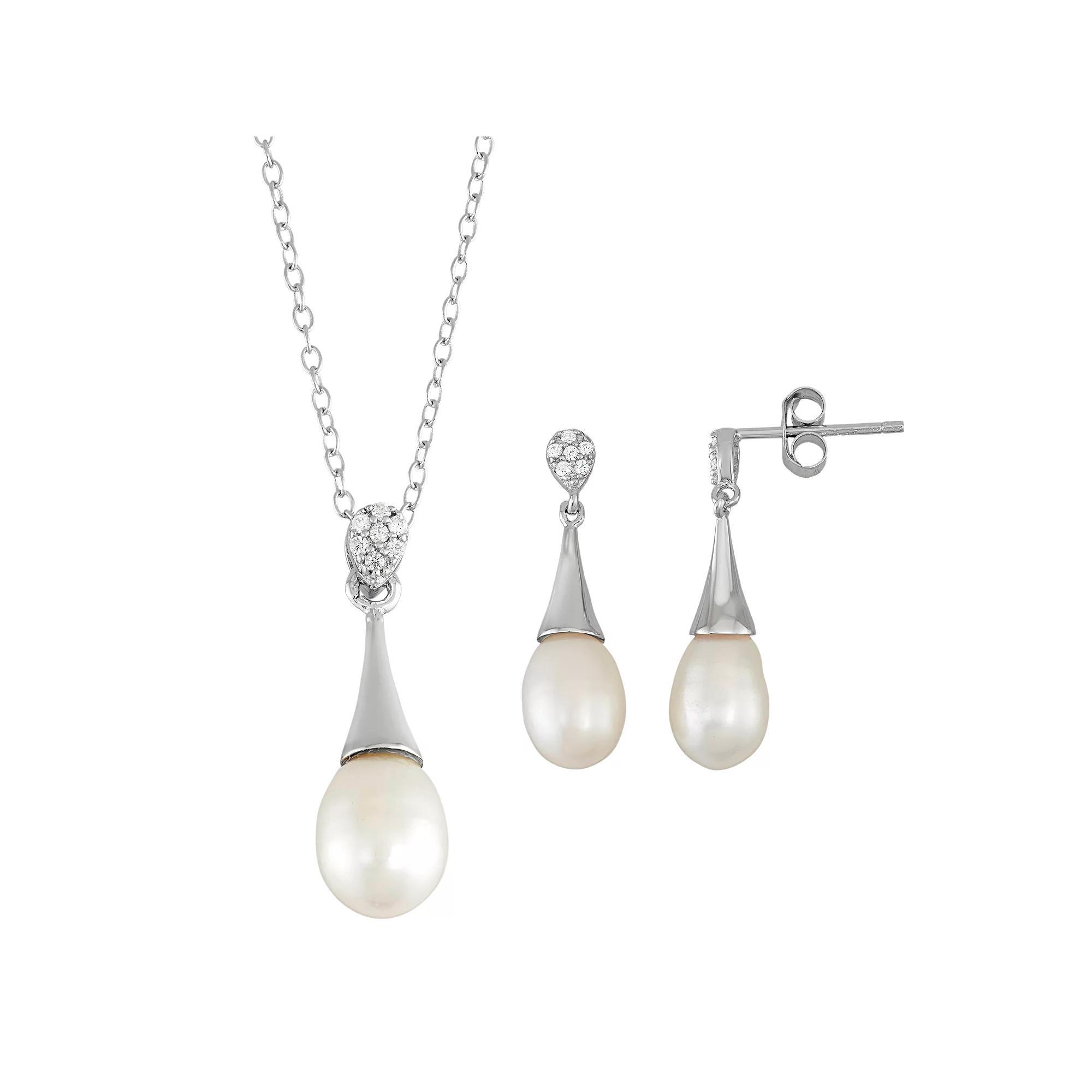 Sterling Silver Freshwater Cultured Pearl Pendant & Drop Earring Set, Women's, Size: 18", White Product Image