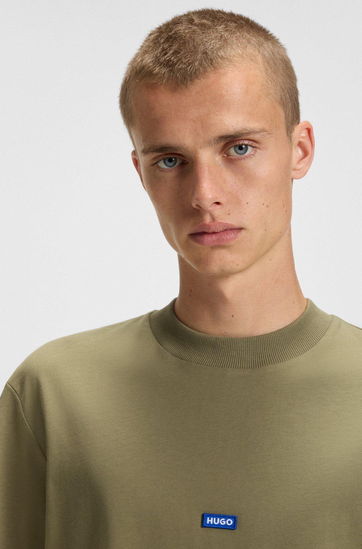 HUGO - Regular-fit cotton-jersey T-shirt with blue logo patch - Light Green Product Image