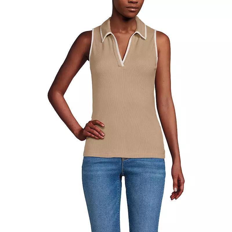 Women's Lands' End Drapey Rib Sleeveless Johnny Collar Polo Shirt, Size: Small, Deep  Blue Product Image