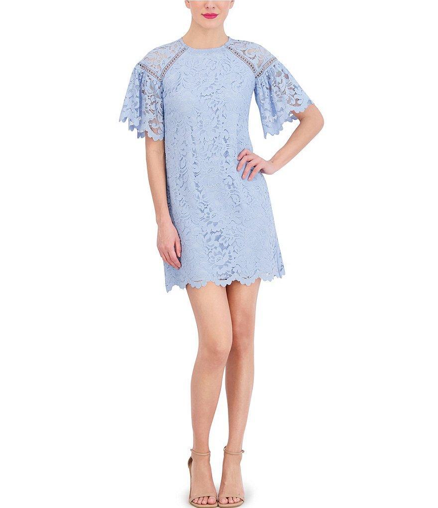 Vince Camuto Crew Neck Elbow Sleeve Scalloped Hem Lace Illusion Shift Dress Product Image