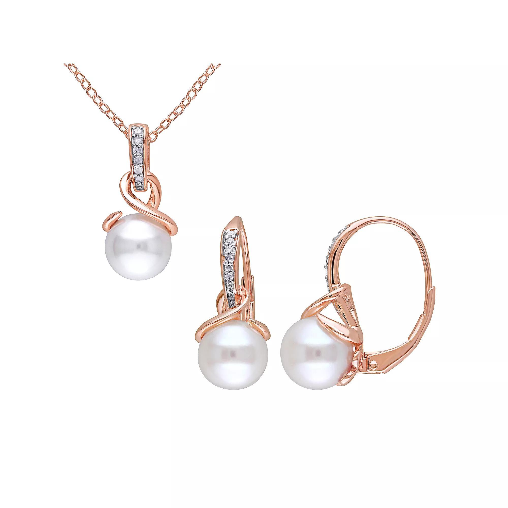 Stella Grace 18k Rose Gold Over Silver Freshwater Cultured Pearl & 1/10 Carat T.W. Necklace & Earring Set, Women's, Size: 18", 18k Gold Product Image