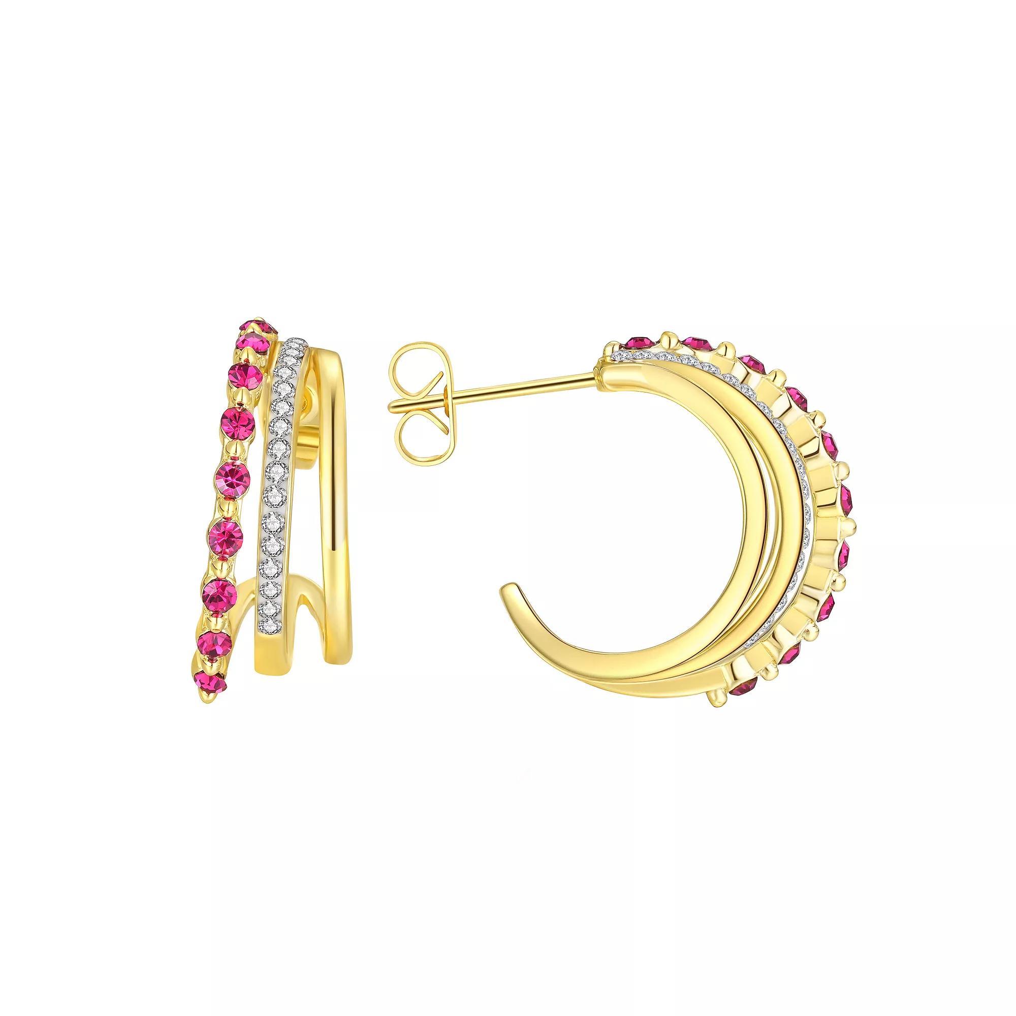 Chrystina 14k Gold Plated White & Red Crystal Triple Row C-Hoop Earrings, Women's, Gold Tone Product Image