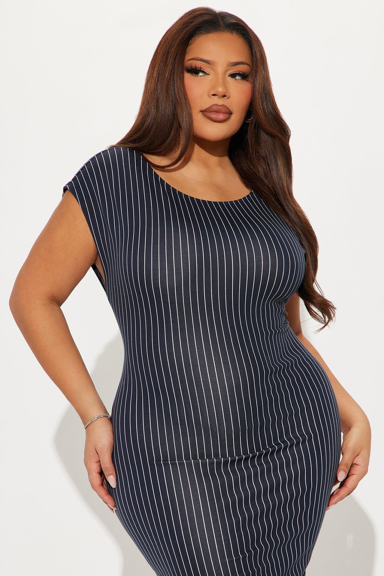 Out Of Office Pinstripe Midi Dress - Navy Product Image