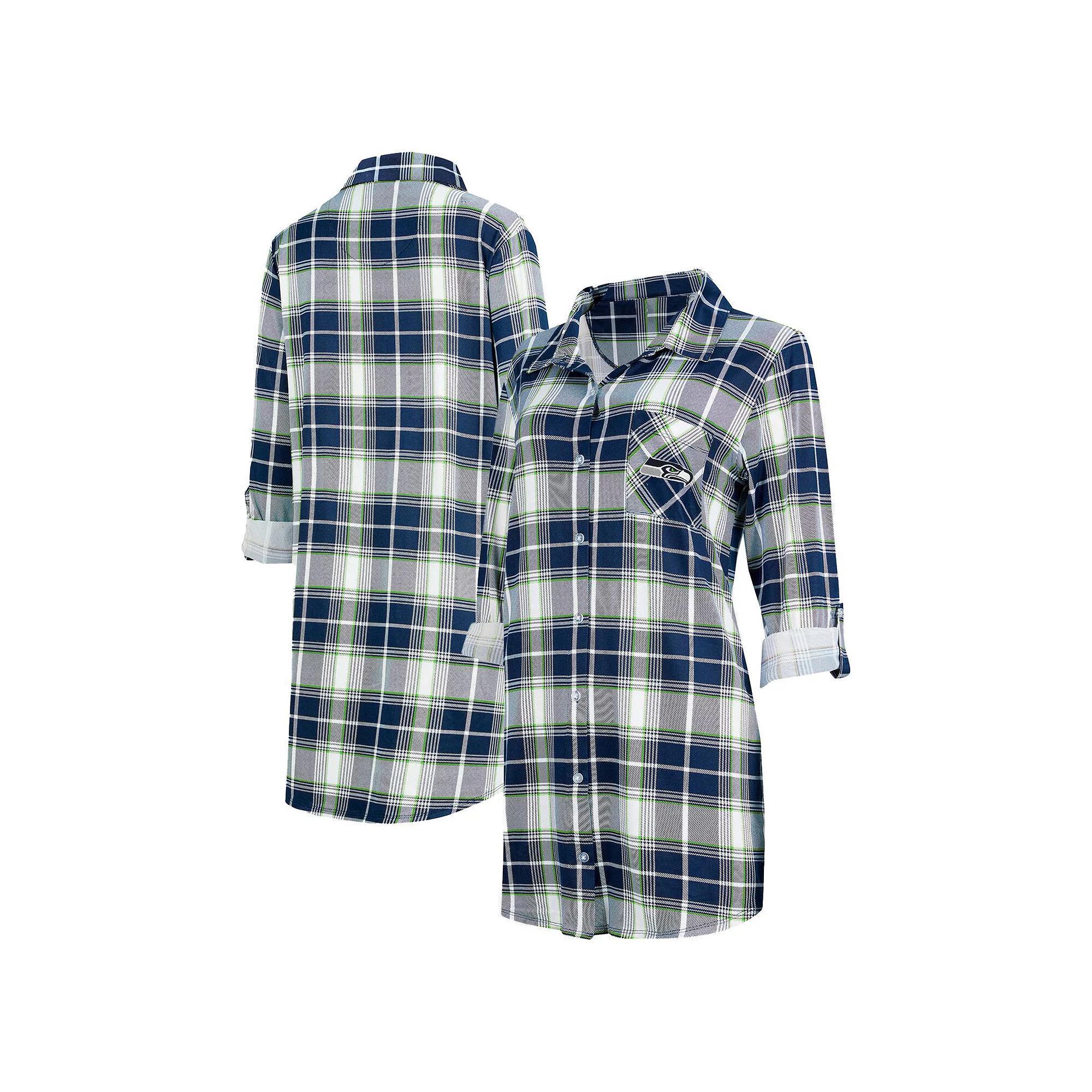 Women's Concepts Sport College Navy Seattle Seahawks Ashford Plaid Knit Nightshirt, Size: XL, Team Product Image