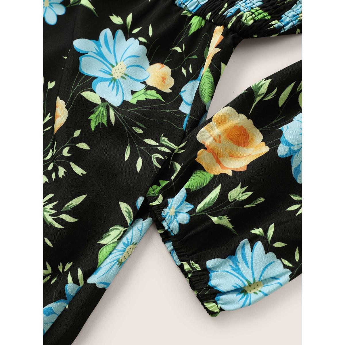 Plus Size Floral Print Shirred Pocket V Neck Dress Black Women Elegant Non V-neck Elbow-length sleeve Curvy Midi Dress BloomChic 14-16/1X Product Image