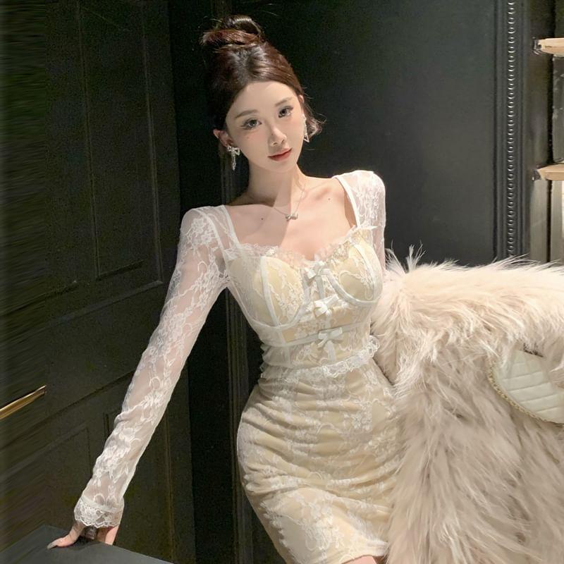 Long Sleeve Sweetheart Neck Bow Lace Overlay Mini Sheath Dress Product Image