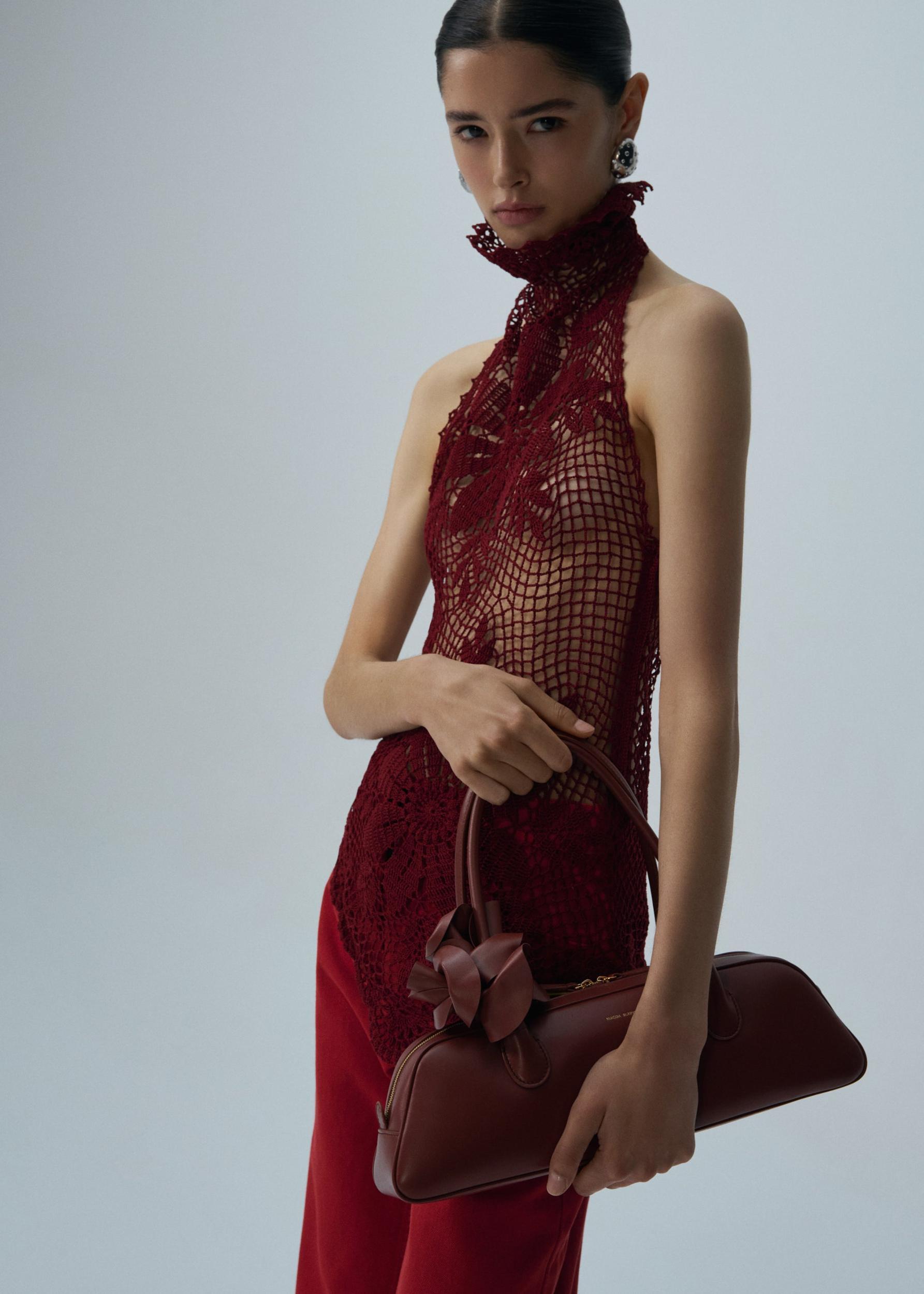 Lace crochet high neck blouse in bordeaux Product Image