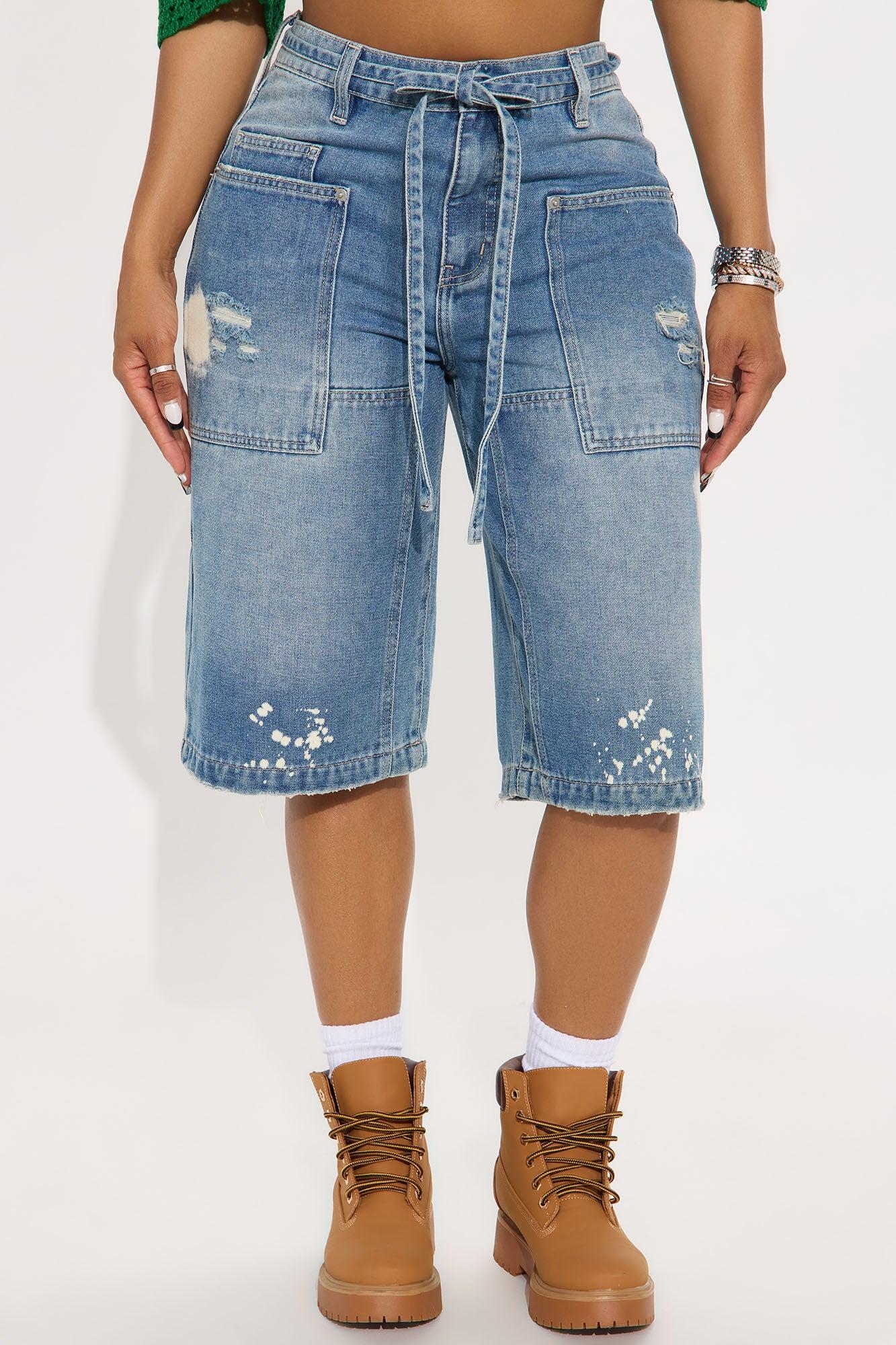 Ripped Bleached Denim Jorts - Medium Wash Product Image