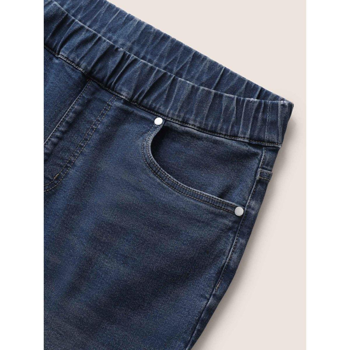 Plus Size Roll Hem Elastic Waist Dark Wash Denim Shorts Women Stone Roll Hem High stretch Everyday Slanted pocket Casual Denim Shorts BloomChic 14/1X Product Image