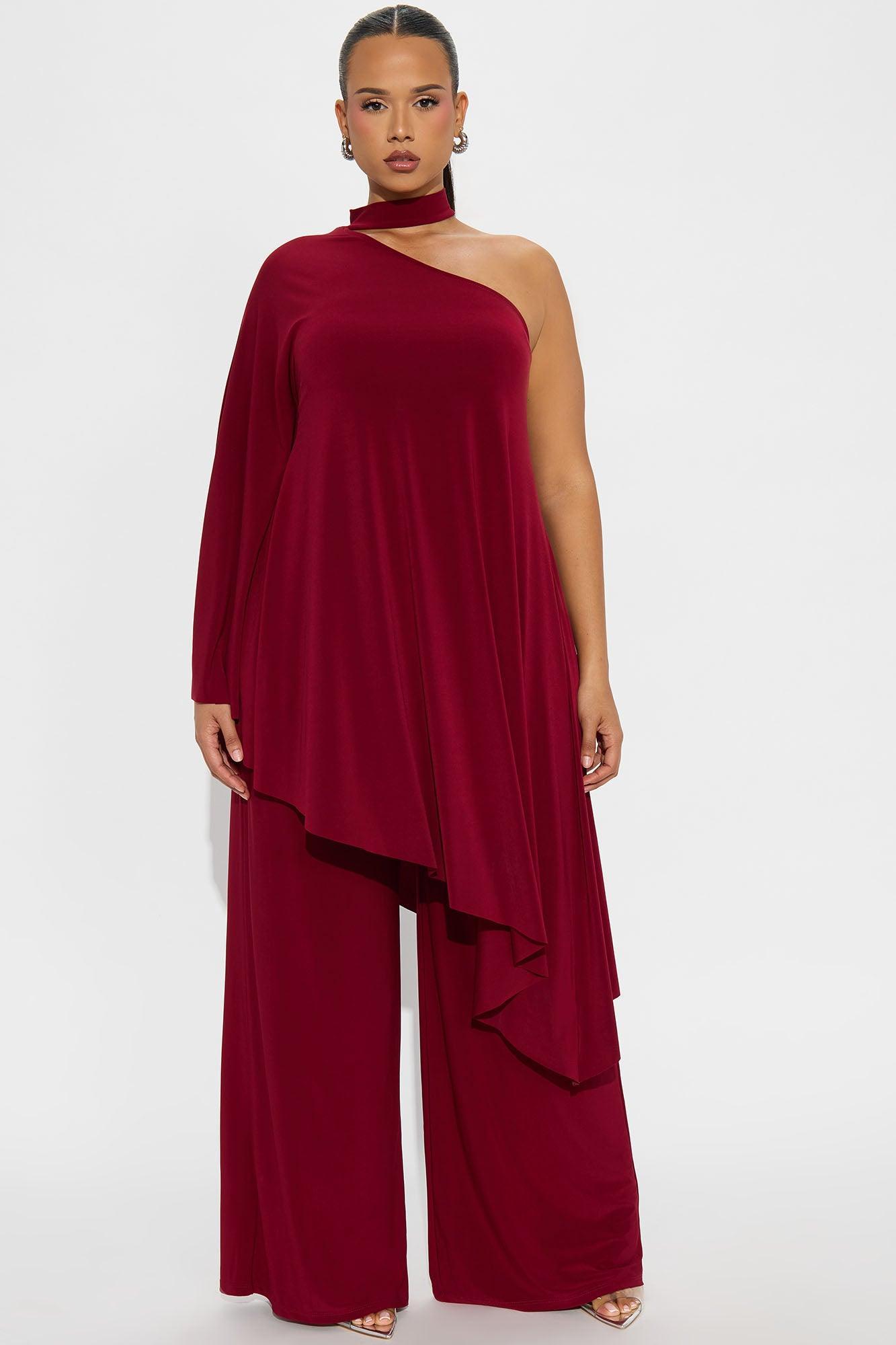 Draped Devotion One Shoulder Pant Set  - Burgundy Product Image