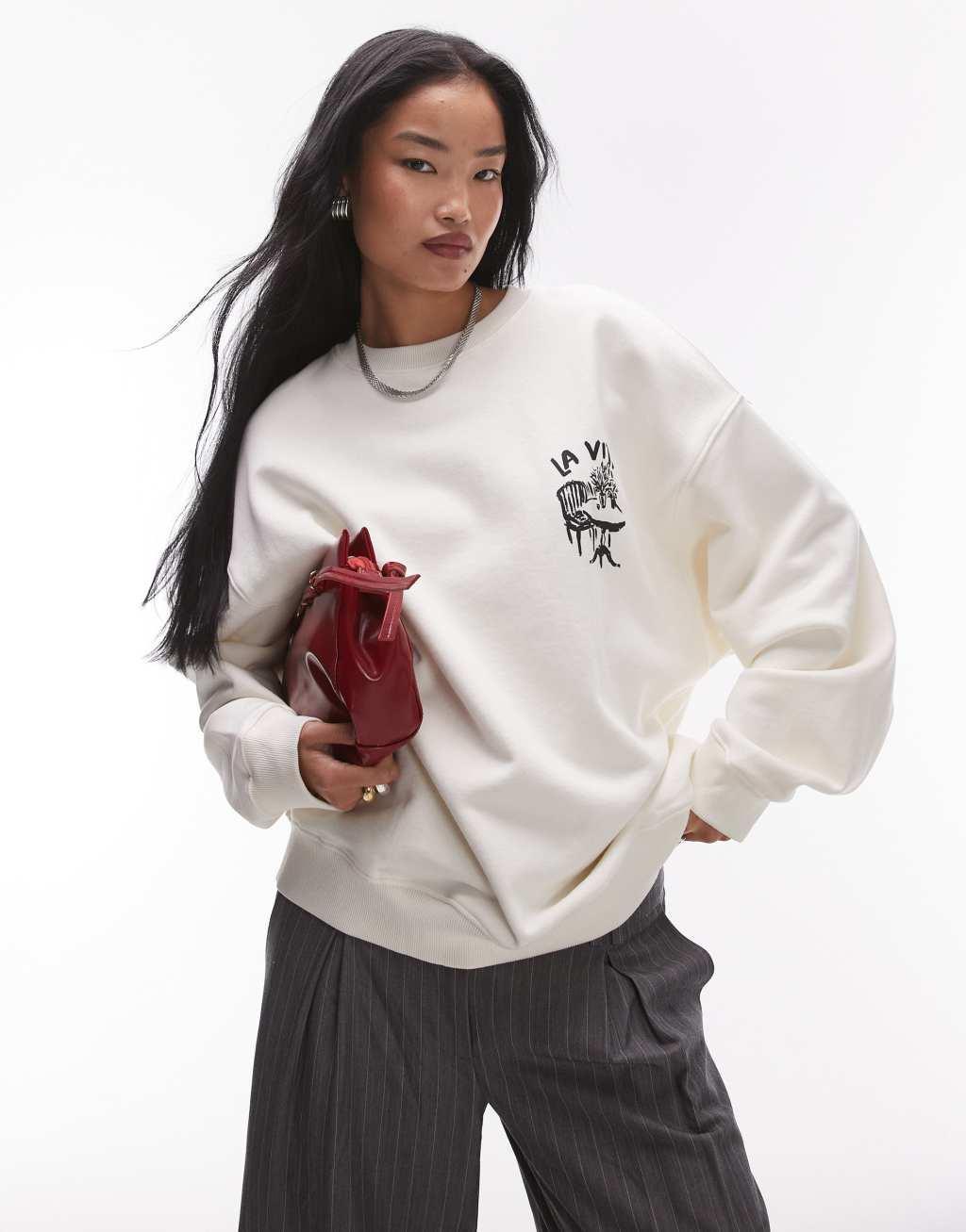 Topshop graphic la vita dolce casa oversized sweatshirt in ecru Product Image