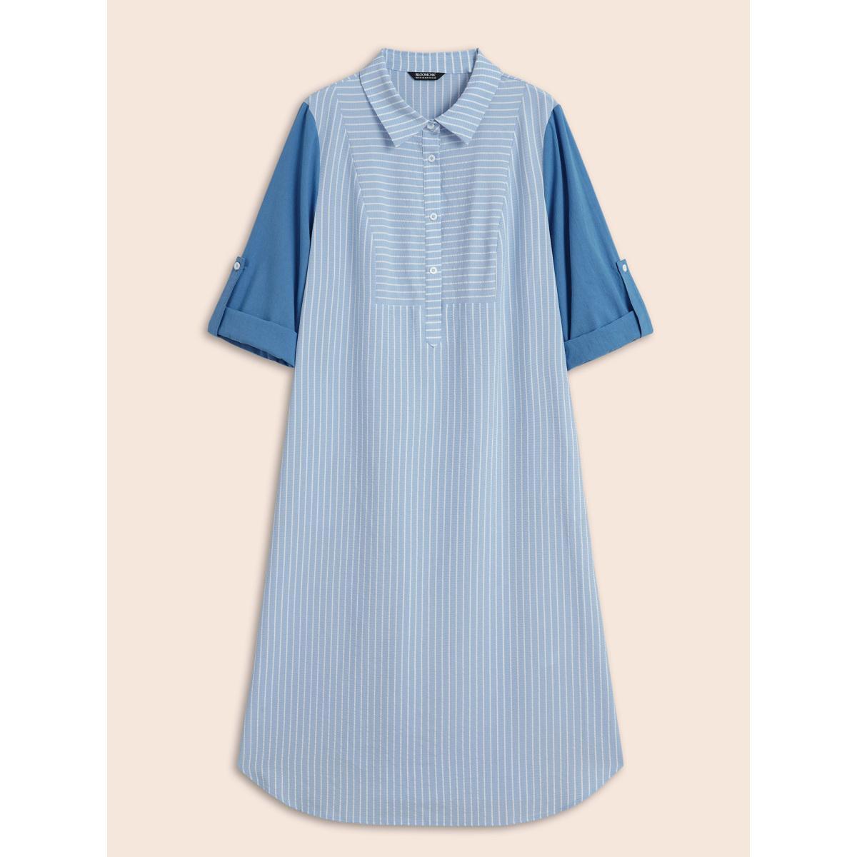 Plus Size Striped Patchwork Contrast Tab Sleeve Dress Skyblue Women Work From Home Patchwork Shirt collar Long Sleeve Curvy BloomChic 10/M Product Image