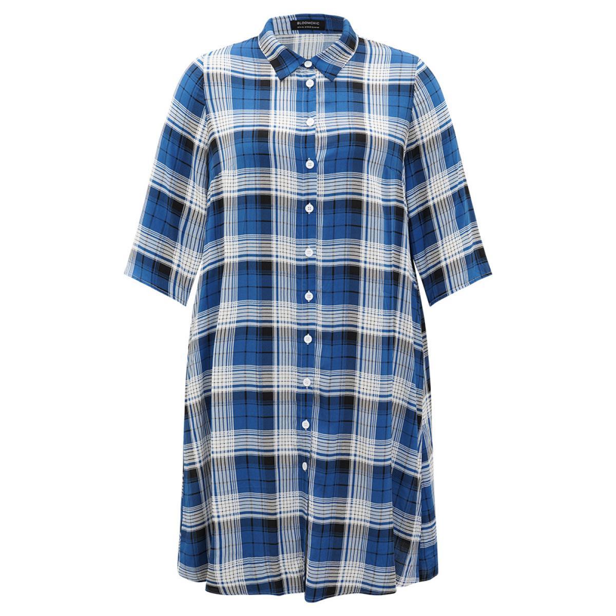 Plus Size Plaid Shirt Collar Pocket Button Through Kimono Women Indigo Casual Button Loose Pocket Dailywear Kimonos BloomChic 18-20/2X Product Image