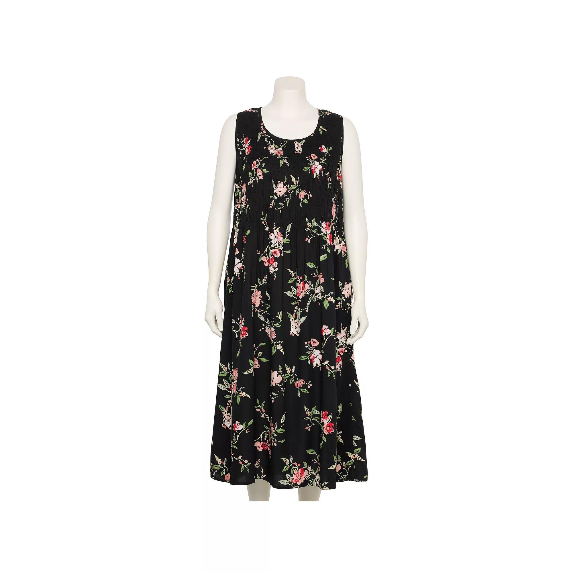 Plus Size Croft & Barrow® Smocked Midi Dress, Women's, Size: 2XL, Black Team Floral Product Image