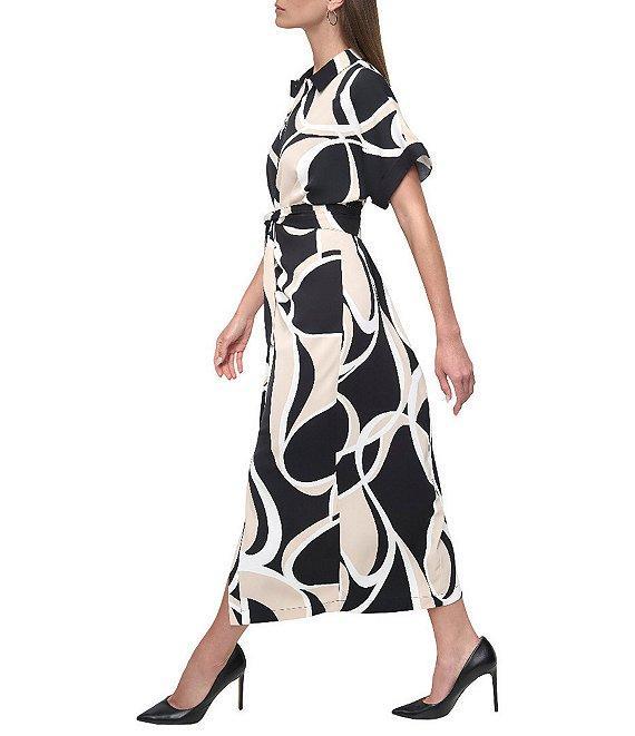 DKNY by Donna Karan Woven Geometrical Print Point Collar Neck Short Sleeve Button Front Waist Tie Shirt Midi Dress Product Image