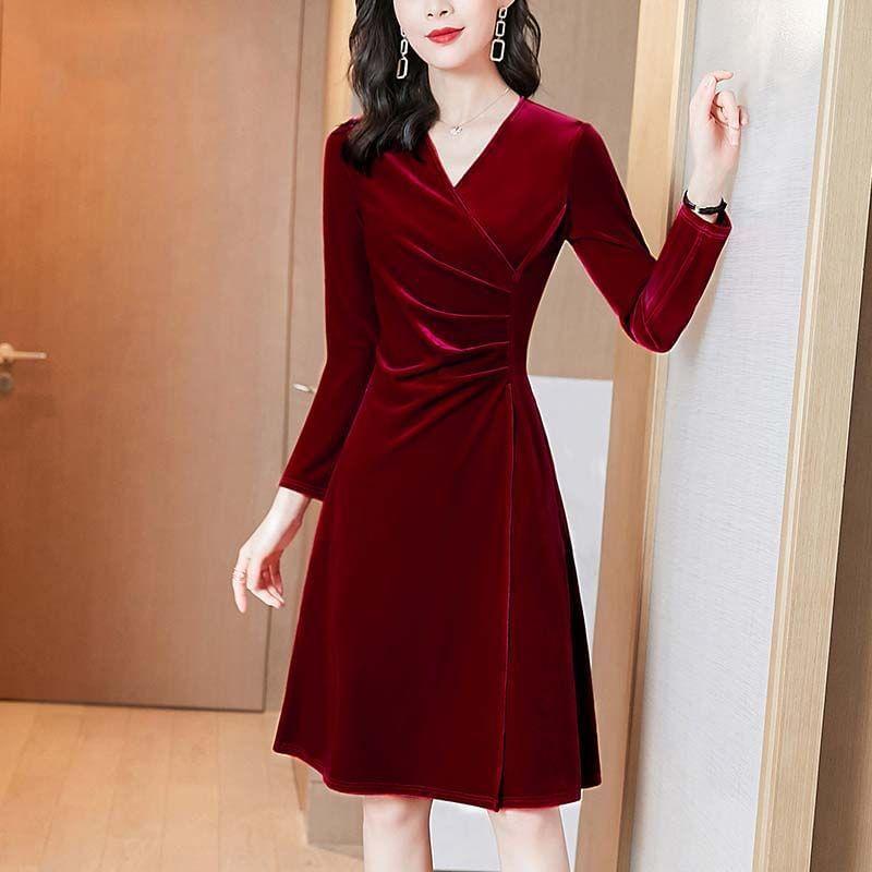Long-Sleeve V-Neck Shirred Mini A-Line Velvet Dress Product Image