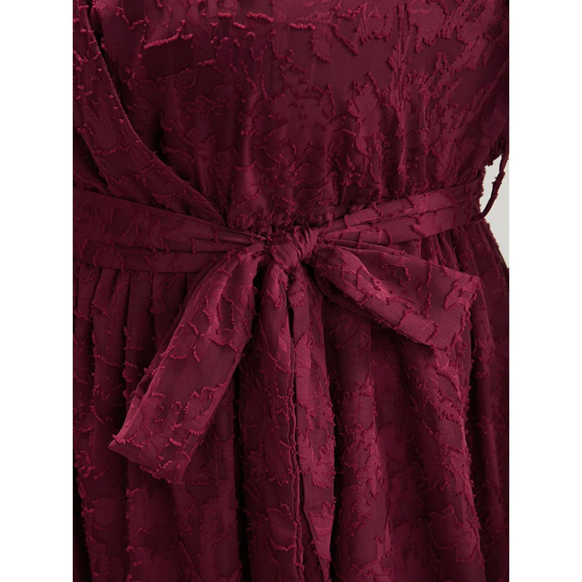 Plus Size Floral Pocket Lantern Sleeve Belted Surplice Neck Dress Scarlet Women Glamour Belted V-neck Long Sleeve Curvy Midi Dress BloomChic 28/5X Product Image