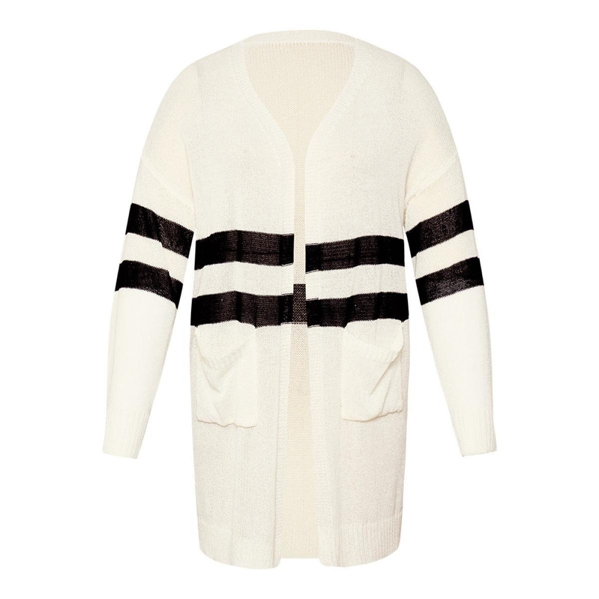 Plus Size Striped Pocket Open Front Cardigan Beige Women Casual Loose Long Sleeve Everyday Cardigans BloomChic 28/5X Product Image