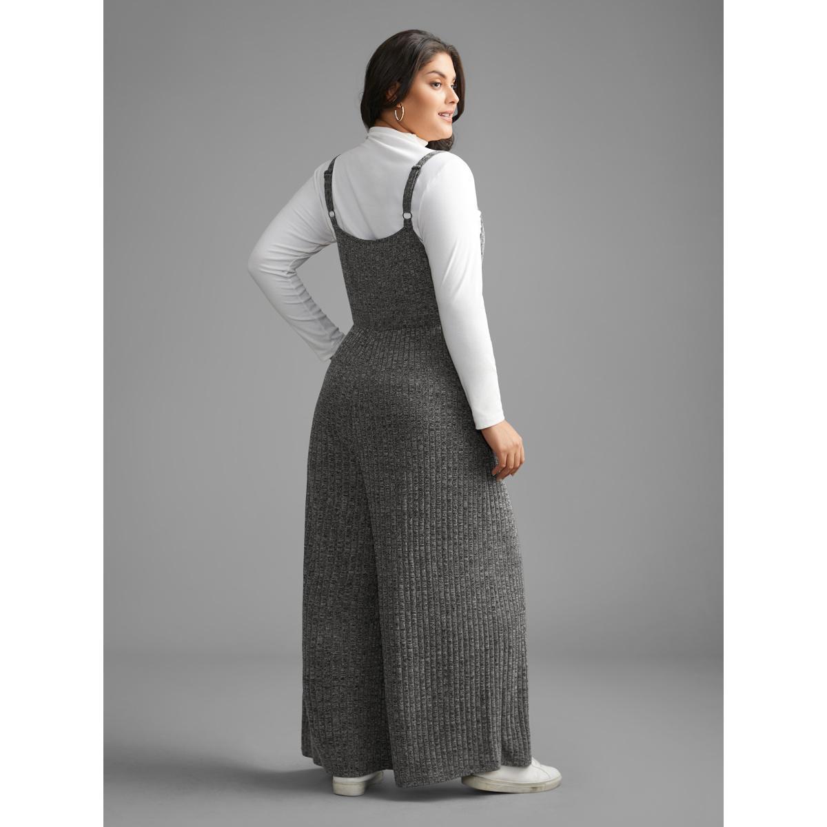 Plus Size DimGray Plain Rib Knit Button Detail Jumpsuit Women Casual Sleeveless Heart neckline Everyday Loose Jumpsuits BloomChic 14-16/1X Product Image