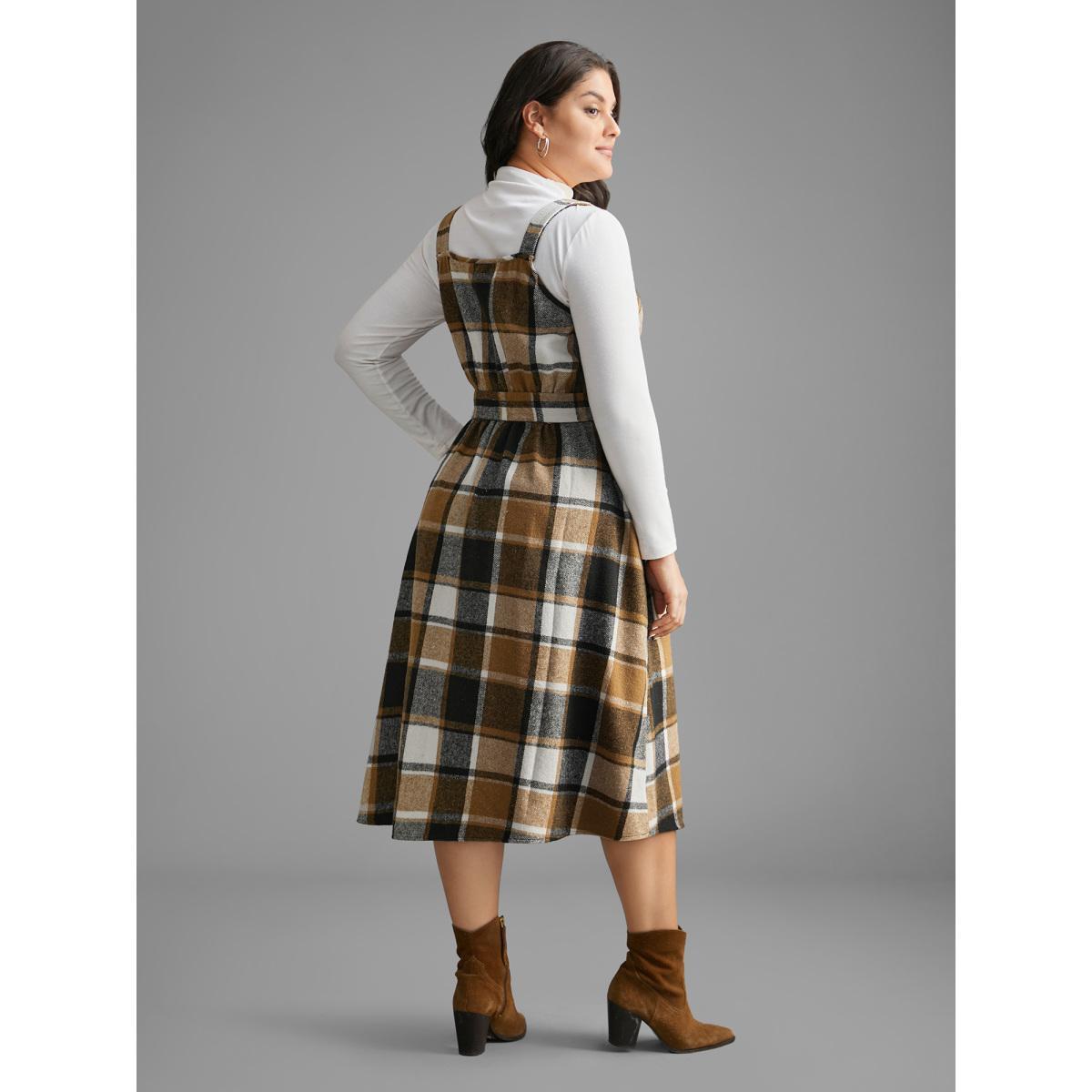 Plus Size Square Neck Plaid Button Detail Belted Dress Wheat Women Casual Belted Square Neck Sleeveless Curvy BloomChic 18-20/2X Product Image