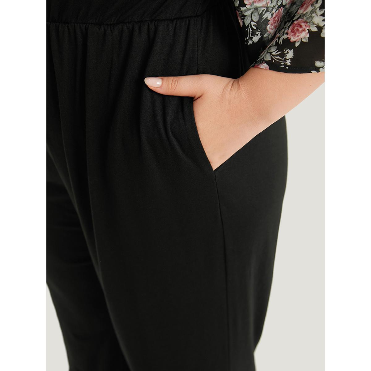 Plus Size BlackFlower Floral Print Ruffles V Neck Raglan Sleeve Jumpsuit Women Elegant Elbow-length sleeve V-neck Dailywear Loose Jumpsuits BloomChic 14-16/1X Product Image