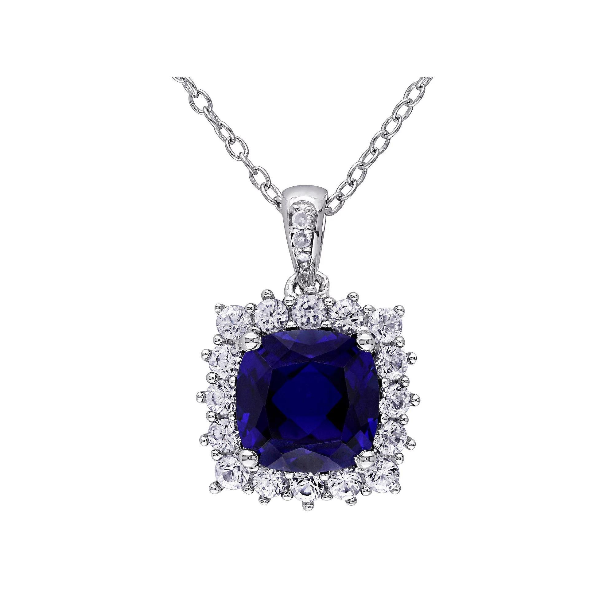 Stella Grace Sterling Silver Lab Created Blue Sapphire, Lab Created White Sapphire & Diamond Accent Halo Pendant Necklace, Women's, Size: 18" Product Image
