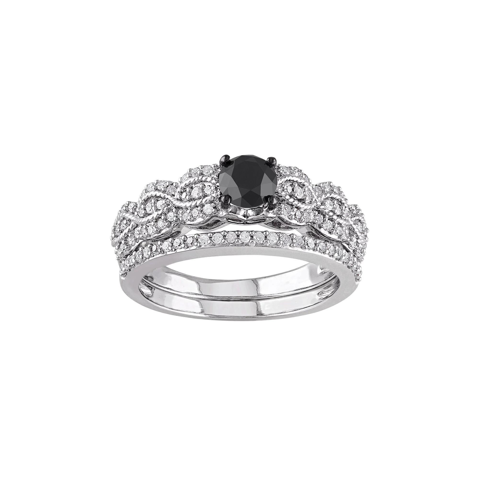 Stella Grace Black & White Diamond Scalloped Engagement Ring Set in Sterling Silver (1 Carat T.W.), Womens Product Image