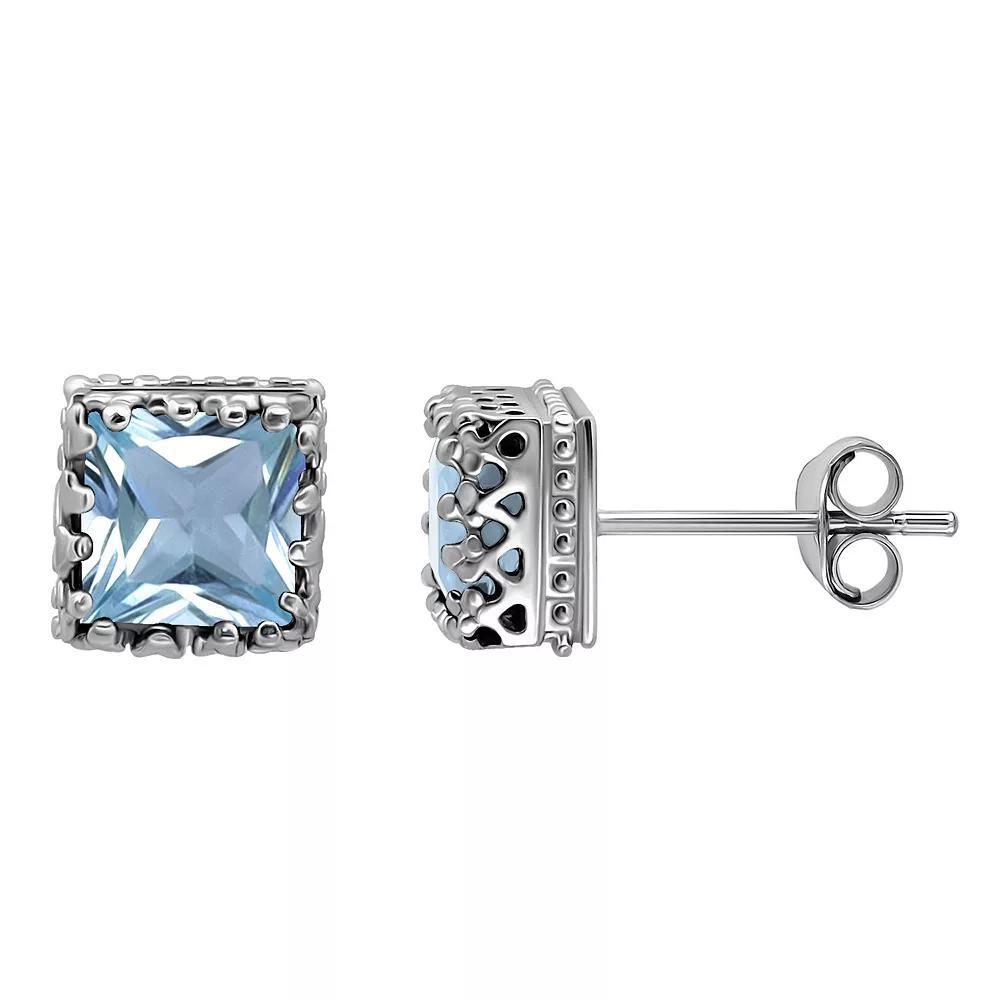 Aleure Precioso Sterling Silver Square Crown Set Stud Earrings, Women's, Blue Topaz Product Image
