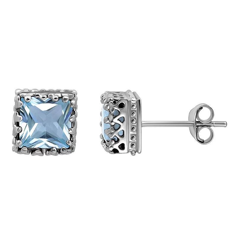 Aleure Precioso Sterling Silver Square Crown Set Stud Earrings, Women's, Blue Topaz Product Image