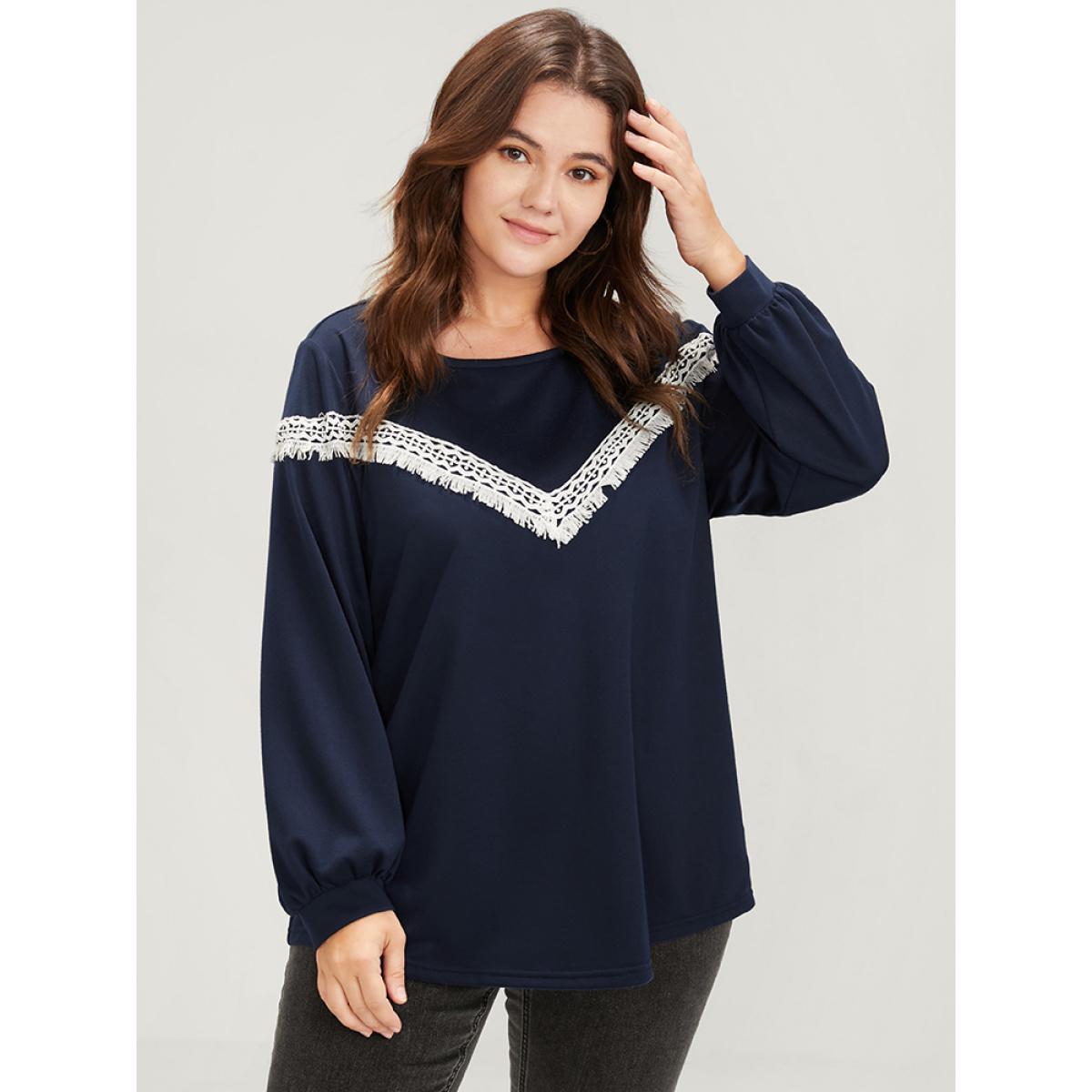 Plus Size Plain Round Neck Contrast Lace Drop Shoulder Sweatshirt Women Midnight Casual Contrast Round Neck Dailywear Sweatshirts BloomChic 22-24/3X Product Image