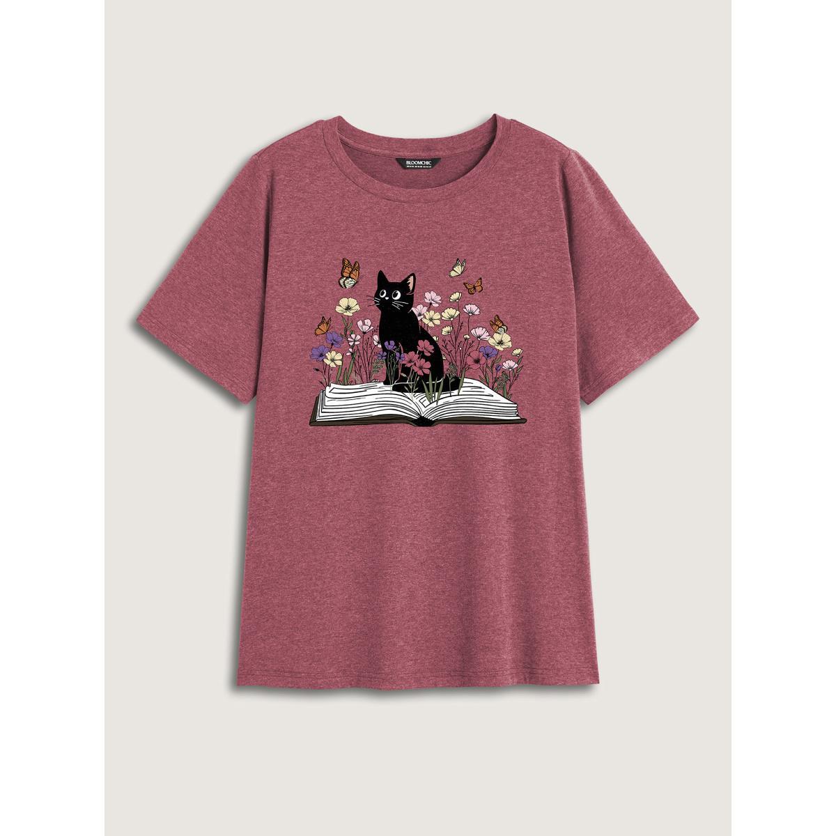 Plus Size Bookish Cat Printed Round Neck T-Shirt Plum Women Non Animals Round Neck Everyday-Casual T-shirts BloomChic 14-16/1X Product Image