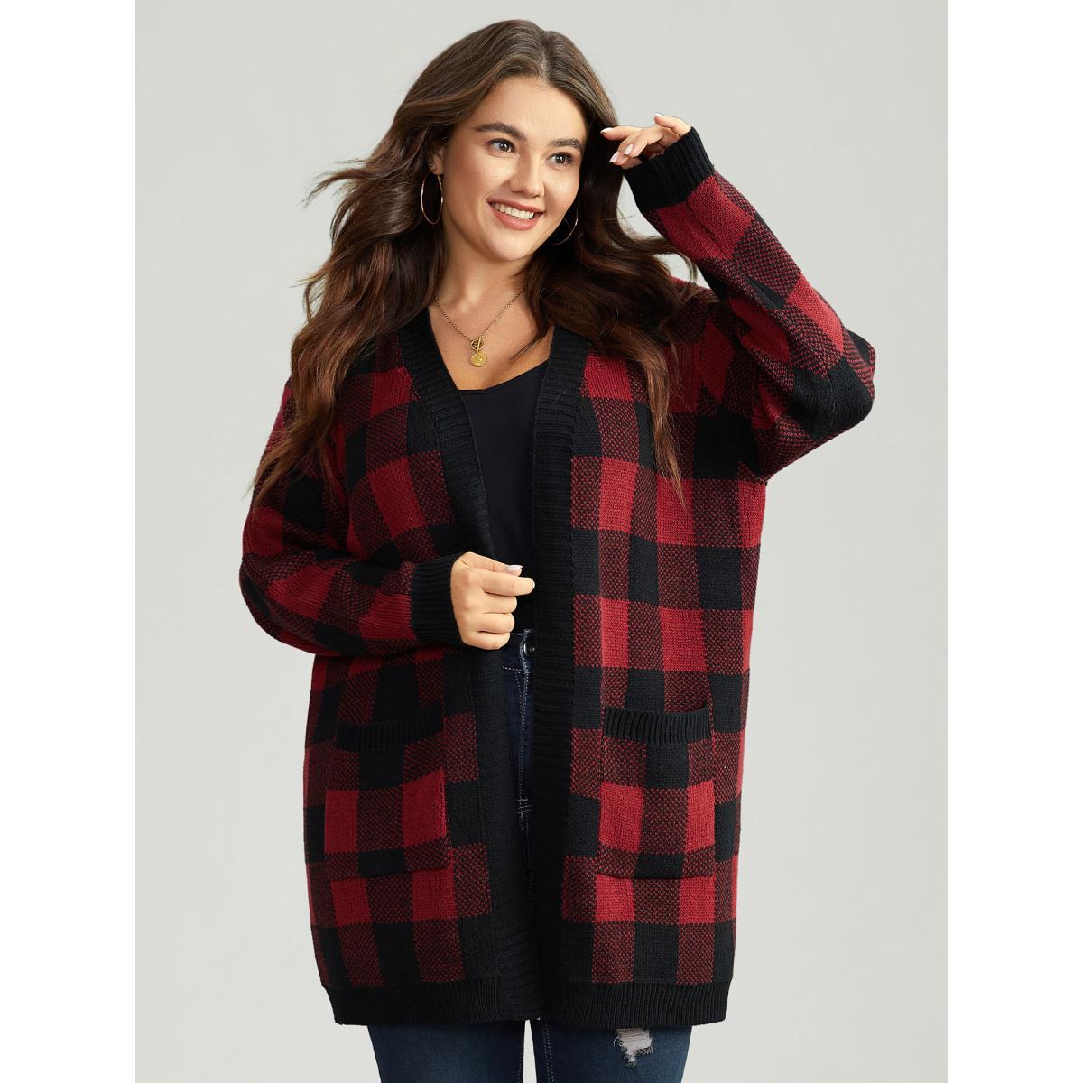 Plus Size Plaid Patched Pocket Loose Cardigan Scarlet Women Casual Loose Long Sleeve Everyday Cardigans BloomChic 10/M Product Image