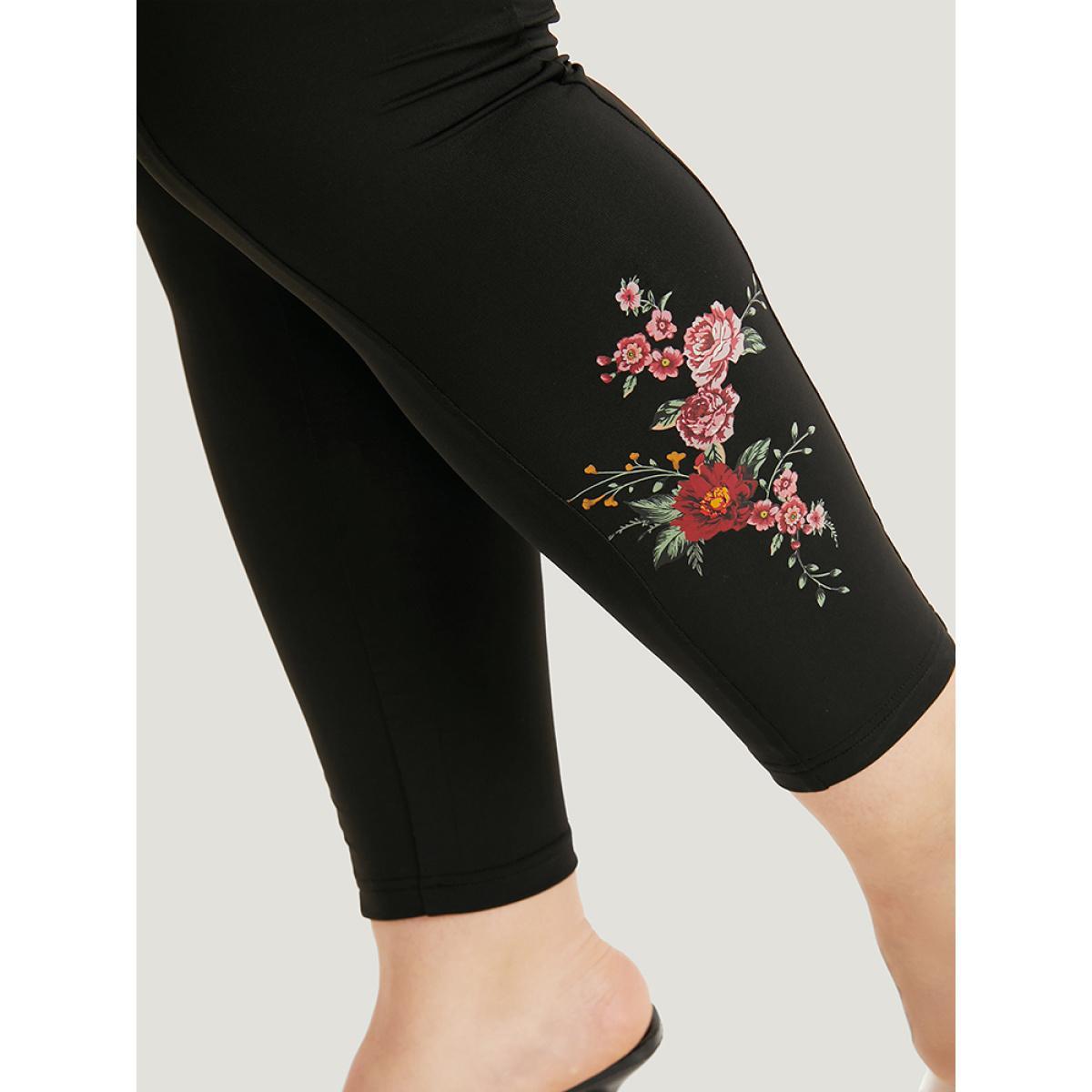 Plus Size Plain Pocket Wideband Waist Floral Print Leggings Women Black Elegant High stretch Skinny High Rise Dailywear Leggings BloomChic 10/M Product Image