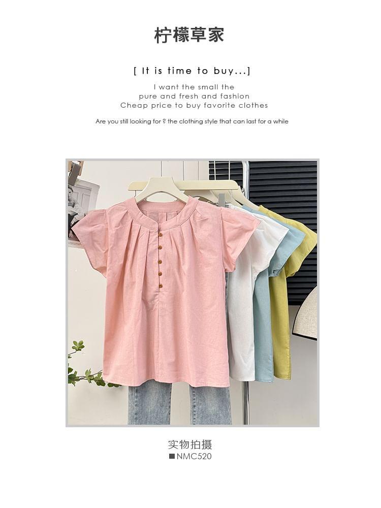 Cap-Sleeve Pleated Loose Blouse Product Image