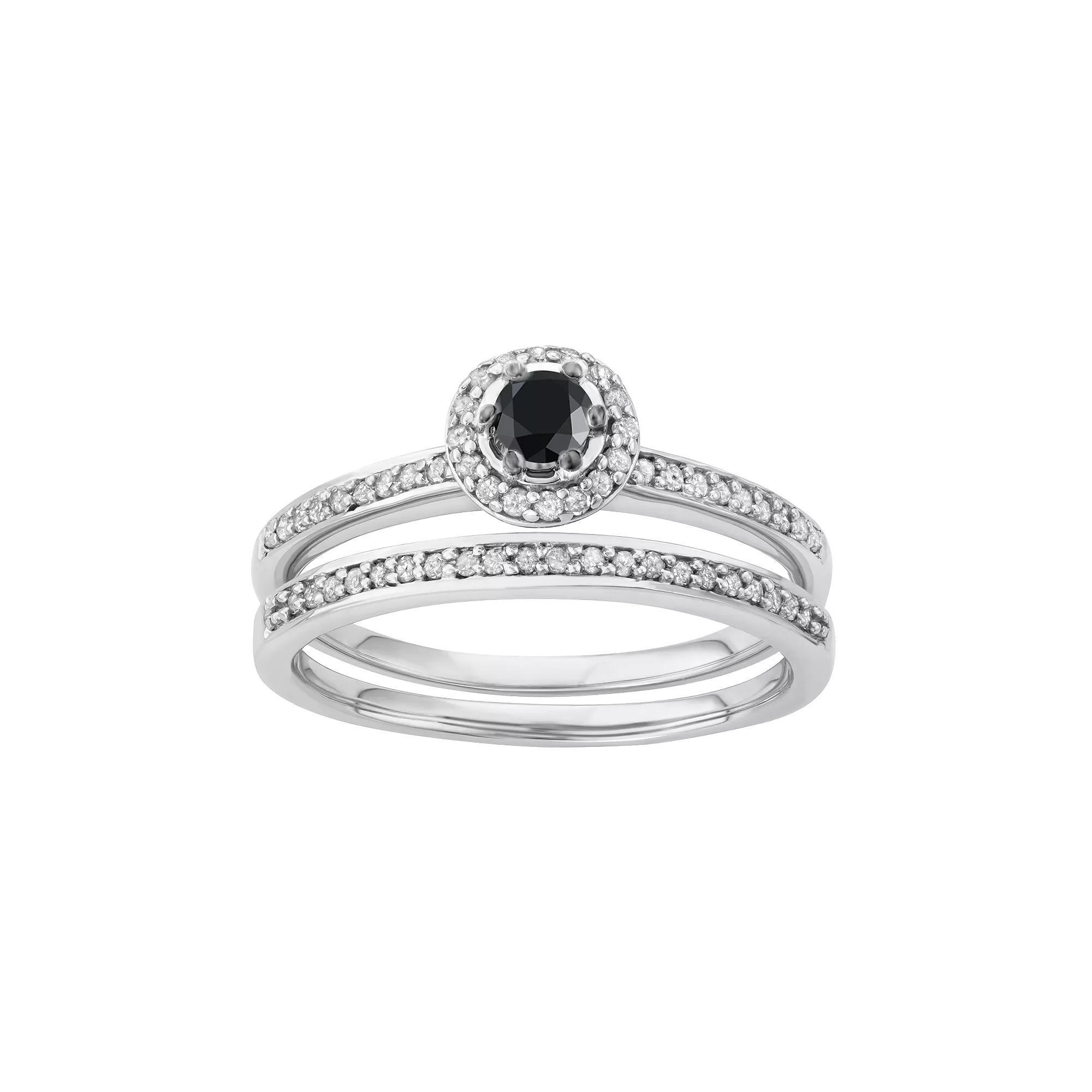 10k White Gold 1/2 Carat T.W. Black & White Diamond Halo Engagement Ring Set, Women's, Size: 5 Product Image
