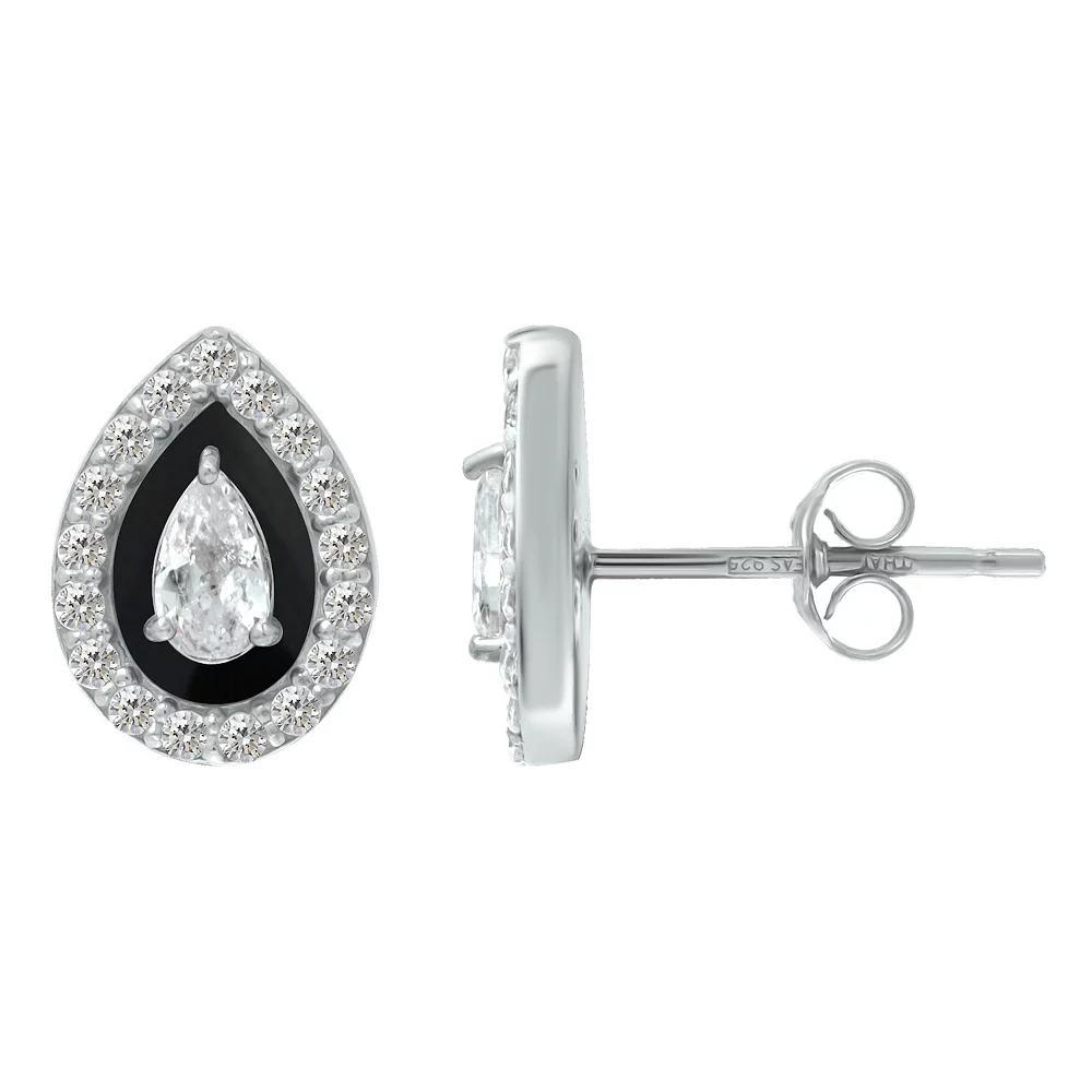 Aleure Precioso Sterling Silver Enamel & Cubic Zirconia Pear Shaped Halo Stud Earrings, Women's, Black Product Image