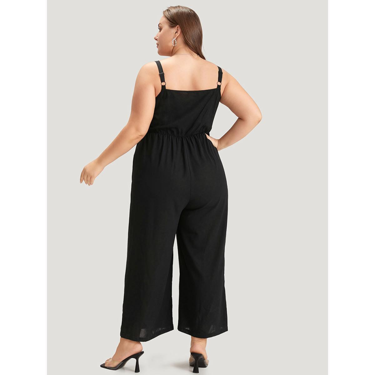 Plus Size Black Striped Patchwork Pocket Button Detail Shirred Cami Jumpsuit Women Casual Sleeveless Spaghetti Strap Dailywear Loose Jumpsuits BloomChic 18-20/2X Product Image