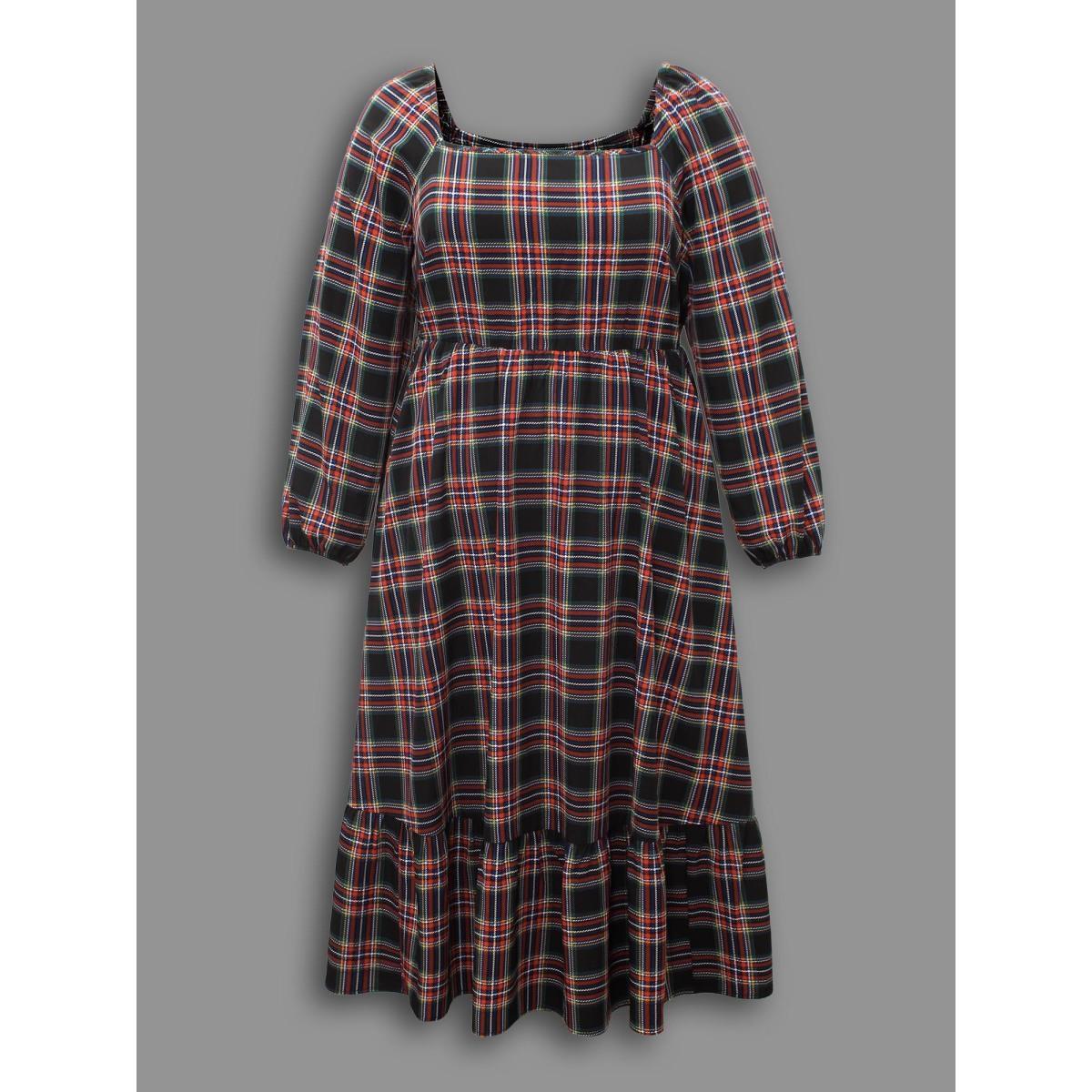 Plus Size Plaid Square Neckline Puffy Sleeve Midi Dress Black Women Elegant Non Square Neck Long Sleeve Curvy BloomChic 26/4X Product Image