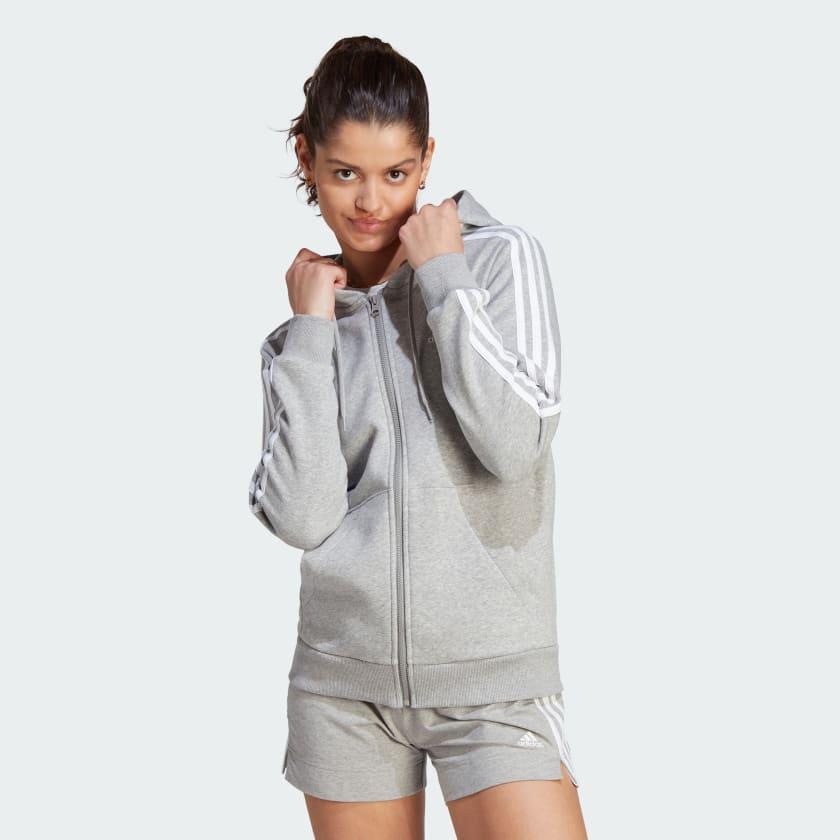adidas Essentials 3-Stripes Full-Zip Fleece Hoodie Linen Green S Womens Product Image