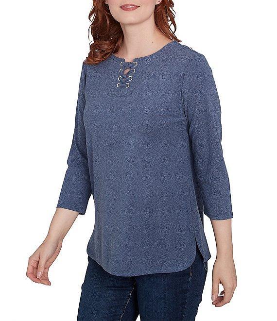 Ruby Rd. Knit 3/4 Sleeve Split V-Neck Lacing Rib Top Product Image