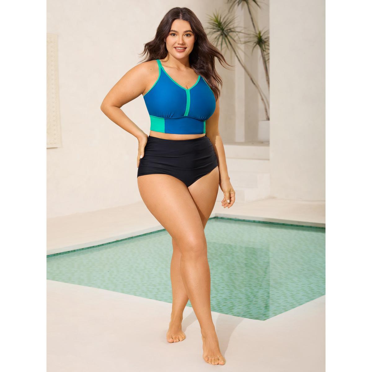 Plus Size Color Contrast V-Neck Swim Top Women's Swimwear Cerulean Beach High stretch Skinny U-neck Curve Swim Tops BloomChic 26/4X Product Image